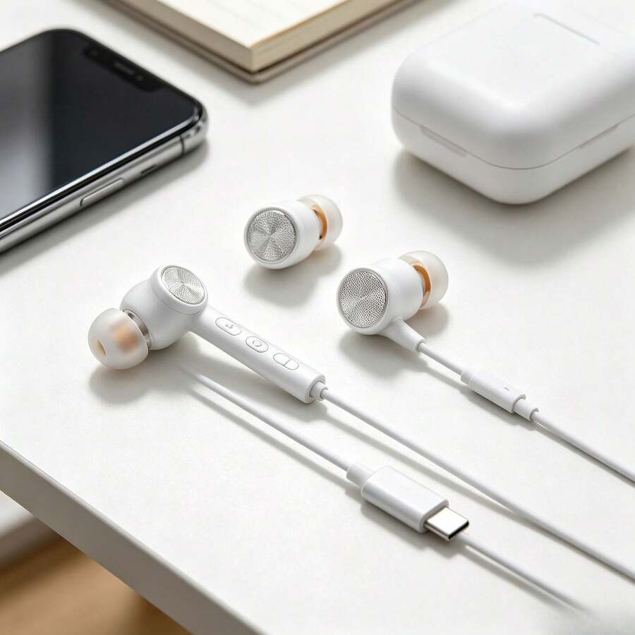 Auriculares internos estéreo Type-C con control de volumen y micrófono modelo AT-270BC - Blanco - Ver 1