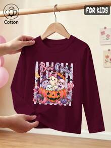 Halloween Girls Cotton Raglan Long Sleeve T-Shirt With Cartoon Pumpkin Candy Print, Cute Sweet Preppy Style - Maroon - View 3