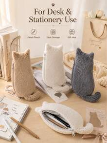 1pc Cat Shaped Plush Pencil Case, Cute Soft Large Capacity Stationery Storage Bag, Japanese Style Cute Cat Pen Pouch, Suitable For School, Office, Study, Desk Storage And Small Item Organization,Back To School - Cute Cat - View 5