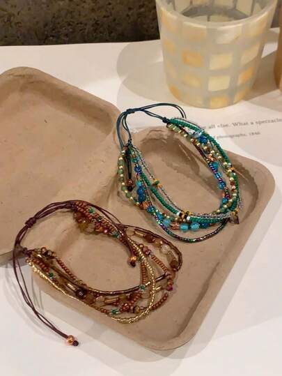 1 Peça Pulseira de Pedra Natural Estilo Boêmio, Pulseira Ajustável Feita à Mão, Pulseira Delicada de Contas de Semente Tecida, Acessório de Viagem de Férias na Praia para Mulheres