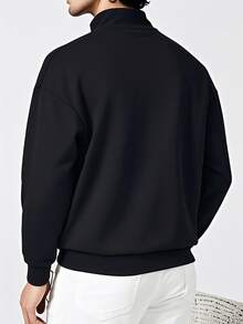 Men's Autumn/Winter Casual Versatile Minimalist Cross Print Commute Patchwork Loose Drop Shoulder Zip-Up Polo Shirt - Black - View 2