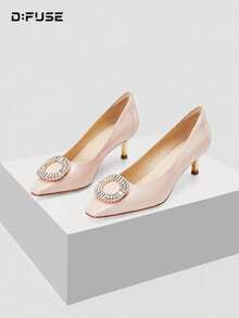 D:FUSE Women Pumps Crystal Rhinestone Buckle Pointed Toe Slip On Stiletto High Heel Coquette Date Party Wedding Office Cozy Daily Street Nude Genuine Leather - Pink - View 2