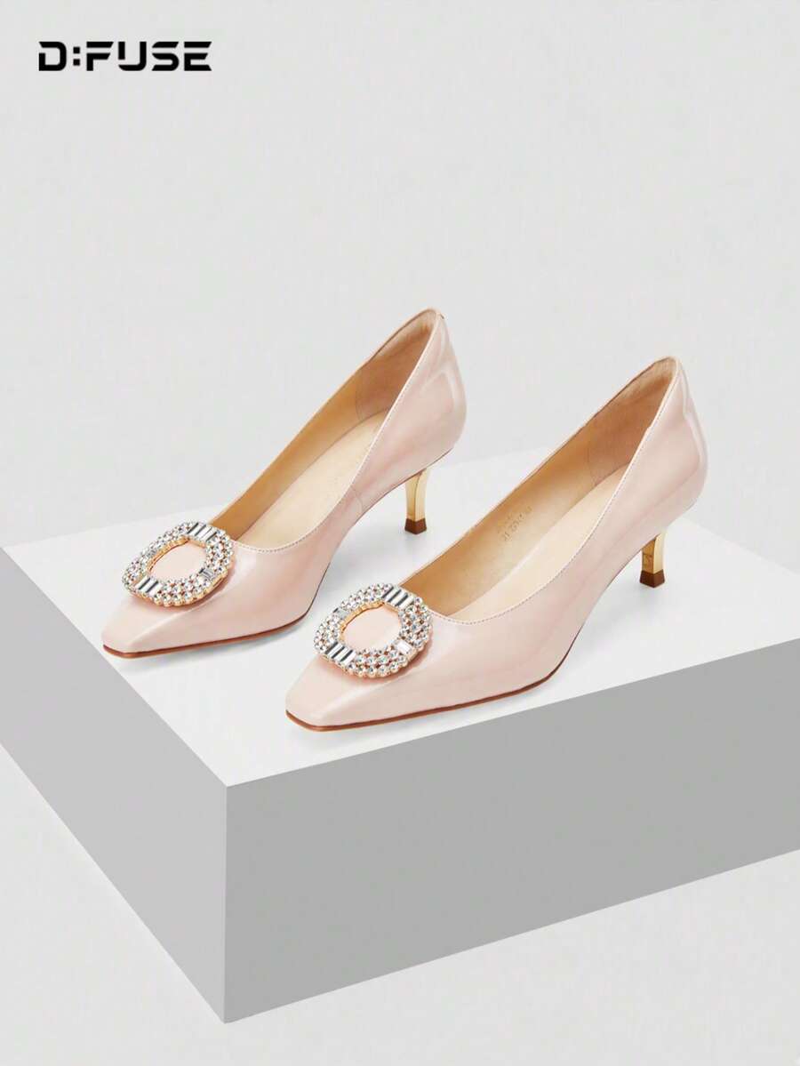 D:FUSE Women Pumps Crystal Rhinestone Buckle Pointed Toe Slip On Stiletto High Heel Coquette Date Party Wedding Office Cozy Daily Street Nude Genuine Leather