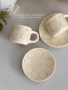 Set Cangkir dan Piring Kopi Keramik Motif Buah Pir Lukis Tangan, Mug Unik untuk Teh Sore di Rumah, Dilengkapi Sendok, Cangkir Susu dan Air, Cangkir Estetik - Putih - View 6
