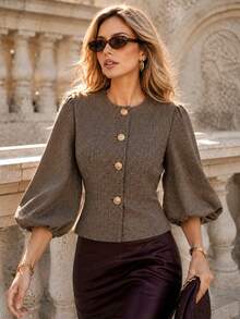 Perirose Women's Vintage Brown Puff Sleeve Jacket Round Neck Button Front Cropped Blazer Elegant Retro Long Sleeve Outerwear Fall Winter Old Money Style - Khaki - View 2