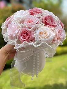 White Pearl Tulip Bridal Bouquet(8.66inch)With Pearl Decoration, Lace Bow Artificial Flower For Wedding Party Prom Gift - Multicolor - View 35