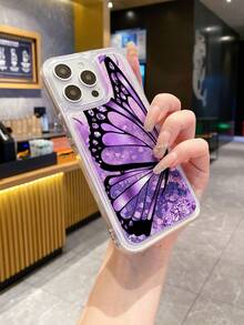 1pc Transparent TPU+PC Soft & Hard Combination Purple Liquid Quicksand Glitter Purple Butterfly Print Pattern Anti-Drop Phone Case, Fashionable Versatile Creative Personalized Full Coverage Phone Case, Suitable As Birthday Gift/Holiday Gift For Girlfriend, Best Friend, Wife, Lover, Relative, Boss, Couple, Classmate, Teacher, Colleague, Yourself, Compatible With/Matching Phone Case/Liquid Quicksand Phone Case/Interesting Phone Case/Android Phone Case/ Galaxy - Multicolor - View 2