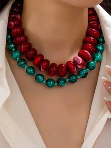 OABE Set Kalung Manik-Manik Bertingkat Gaya Bohemian 2pcs/Set dengan Blok Warna Merah & Hijau, Cocok untuk Pemakaian Sehari-hari Wanita - MultiWarna - View 2