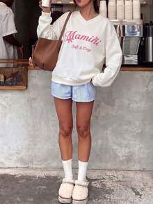 White V-Neck Cute Letter Graphic Sweatshirt For Women, Loose Drop Shoulder Slouchy Pullover Top, Versatile Casual Sweatshirt For Autumn Back To School, Commute, Date - White - View 2