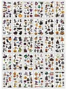 30pcs Halloween Colored Cartoon Tattoo Stickers, Featuring Realistic And Interesting Patterns Of Spiders, Pumpkins, Ghosts, Witches, Bats, And More. Suitable For Various Parts Of The Body, Can Be DIY, Waterproof And Long-Lasting - Multicolor - View 1