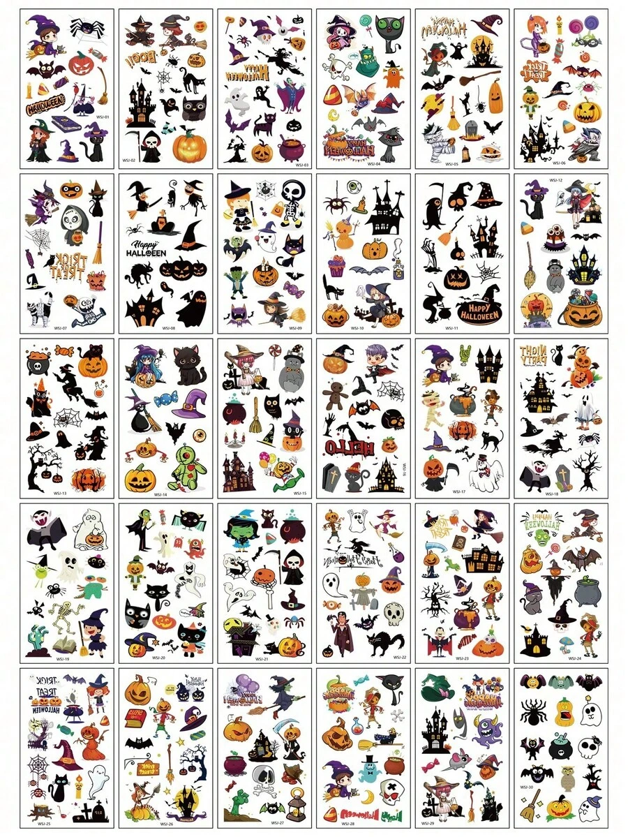 30pcs Halloween Colored Cartoon Tattoo Stickers, Featuring Realistic And Interesting Patterns Of Spiders, Pumpkins, Ghosts, Witches, Bats, And More. Suitable For Various Parts Of The Body, Can Be DIY, Waterproof And Long-Lasting - Multicolor - View 1