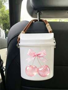 Cute Bowknot Cherry Print Swing Lid Car Trash Can, Kawaii Hanging Waste Bin, Multifunctional Desktop Sundry Storage Bucket, Makeup Brush Holder, Portable Organizer Container For Vehicle Interior Decor - A - View 6
