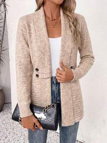 Plus Size Women's Minimalist Street Style Button Long Sleeve Knit Cardigan - Oatmeal - View 3