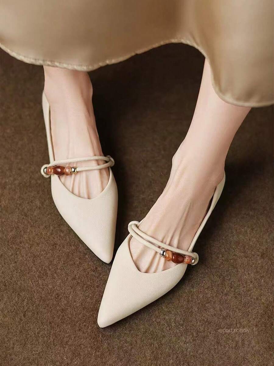 1 Pair Women's Elegant French Style Pointed Toe Flat Shoes, Contrast Color Beaded Thin Strap Low Vamp Soft Sole Autumn Commute Shoes - View 1