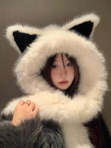 Women's Thick Fleece Scarf Hat With Fox Ears, Windproof Warm Neck Warmer, Face-Slimming Beanie For Autumn And Winter - A - View 6