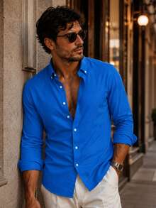 Men's Slim-Fit Casual Long-Sleeve Button-Up Shirt - Soft Textured Cotton-Linen Blend Breathable Shirt For Modern Smart-Casual & Everyday Wear - Blue - View 2