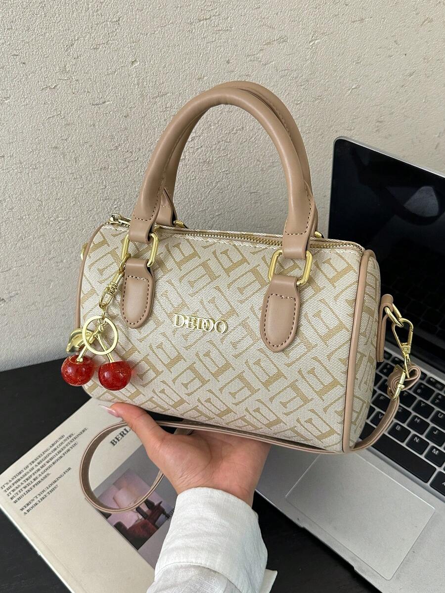 Dedoo Women's Boston Barrel Crossbody Handbag, All-Over Letter Print, Cherry Charm, Zipper Closure, Vintage Luxury Style, Spring/Summer Daily Commute
