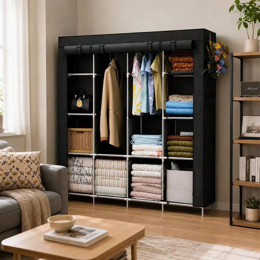 1pc Modern Minimalist Fabric Wardrobe, Fully Thickened Steel Frame, Sturdy And Durable, With High Base For Shoe Storage, Suitable For Rental Apartments And Living Rooms, Portable Wardrobe