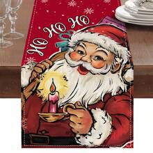 1pc Christmas Santa Claus Table Runner, HO HO HO Letter Candle Snowflake Print Decorative Table Runner, Farmhouse Style Christmas Dining Room Table Home Party Decor - Multicolor - View 1
