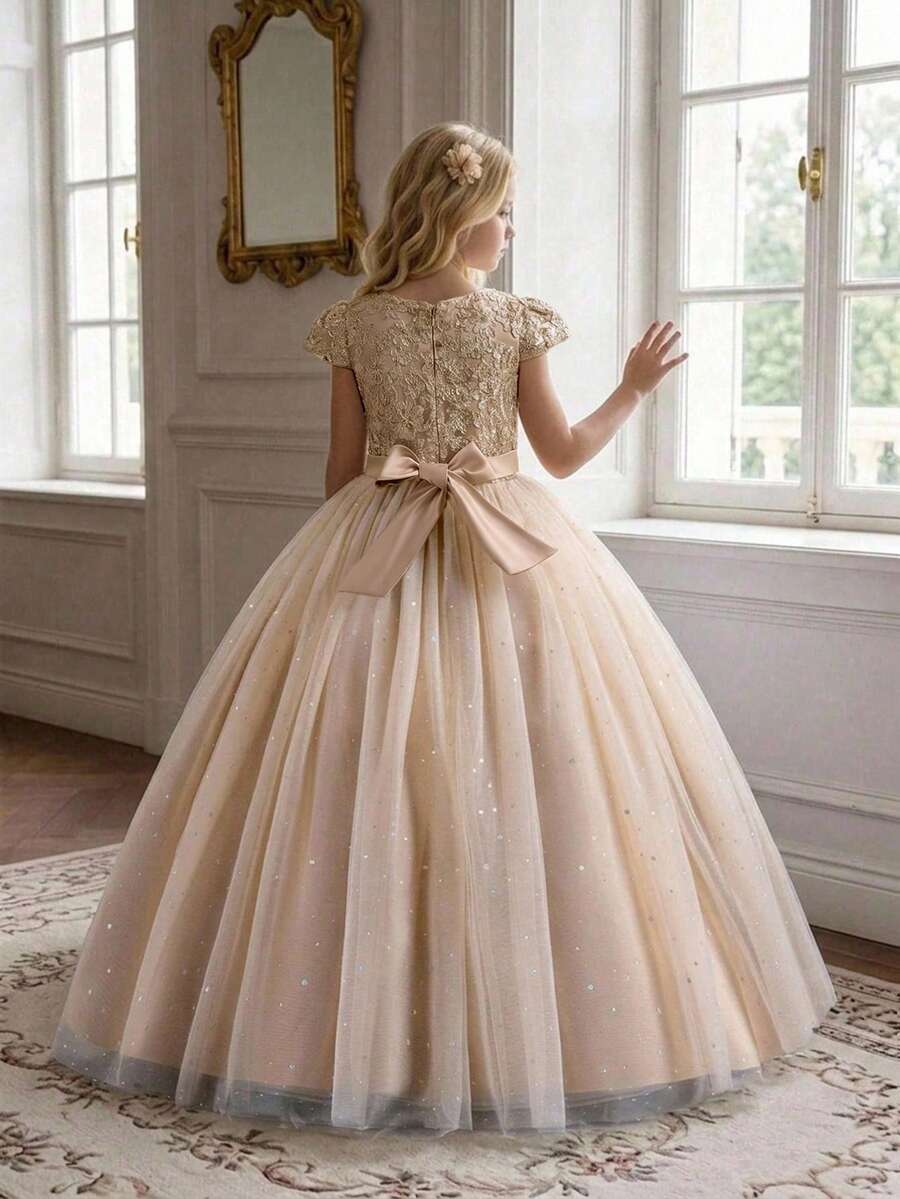 Tween Girls Embroidered Mesh Princess Long Dress Elegant Ball Gown Puffy Dress Suitable For Party, Headband Not Included - Champagne - View 1