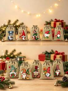 24/12/1 st julig säck i säckväv med dragsko, rektangulär presentpåse med sött gnomemönster, dragskolås för förvaring av presenter, presentförpackningspåse, partyfavoritsäck för julklappsinslagning, julklappspåse, juldekoration - Multifärgad - Visa 3
