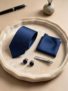 1 Set Gift Box Fashionable High-End Tie, Pocket Square, Cufflinks, Tie Clip 4-Piece Set Suitable For Travel, Leisure, Business, Banquet, Gathering, Wedding Gift - HB209 - View 3