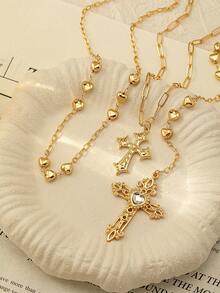 1pc Gold Heart Chain Cross Pendant Necklace, Y-Shaped Layered Cross Jewelry Set - Gold - View 2