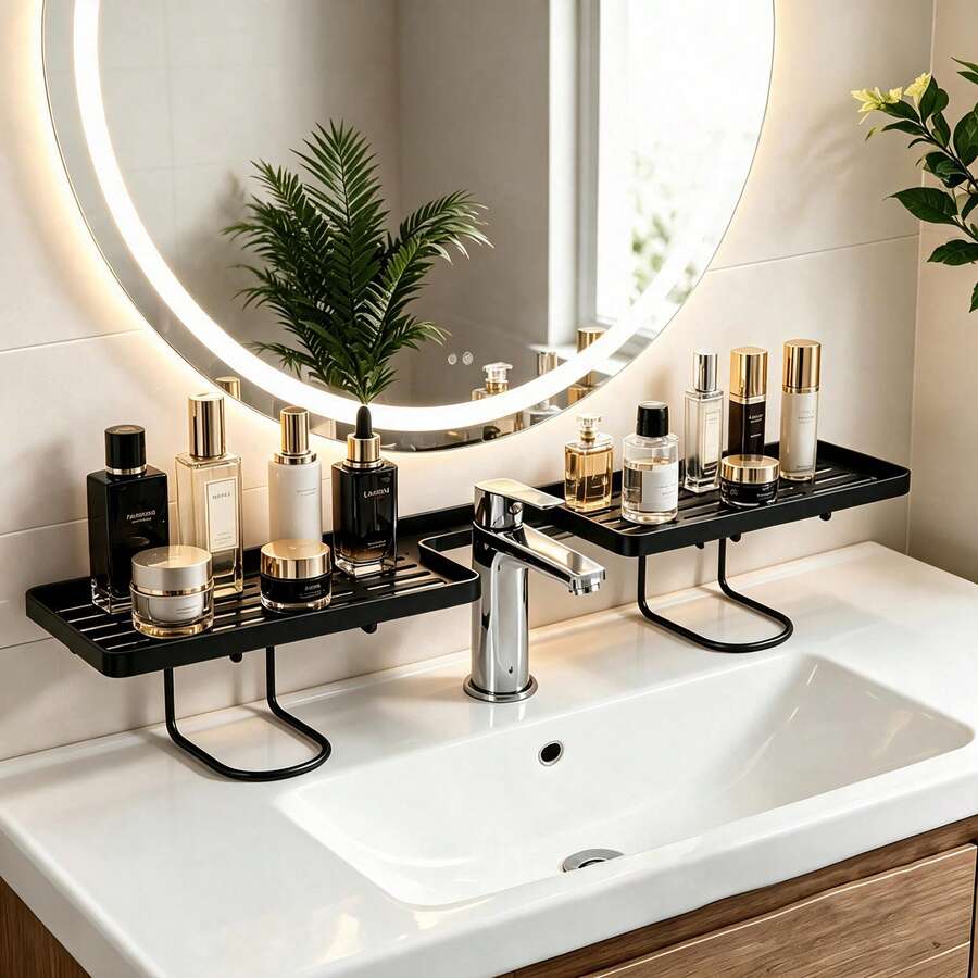 Faucet Storage Rack, Hollow Drainage Sink Organizer, Space-Saving Bathroom Countertop Storage Rack, Can Hold Skincare Bottles, Cosmetics, Toiletries, Sturdy Metal Sink Rack, Suitable For Bathroom Vanity, Wash Basin, Keep Countertop Tidy