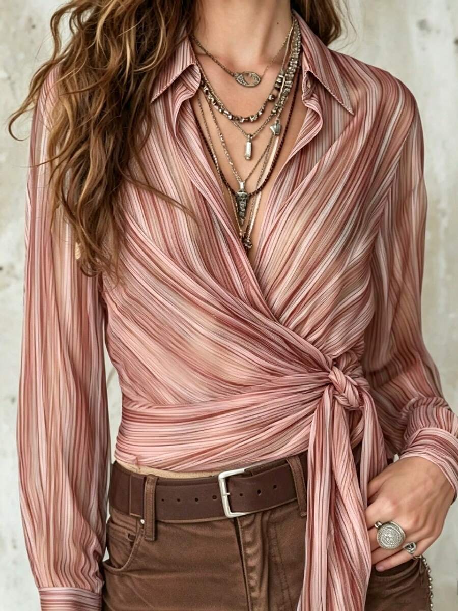 Vintage Design Elegant Vacation Cross Lapel Side Tie Striped Chiffon ...