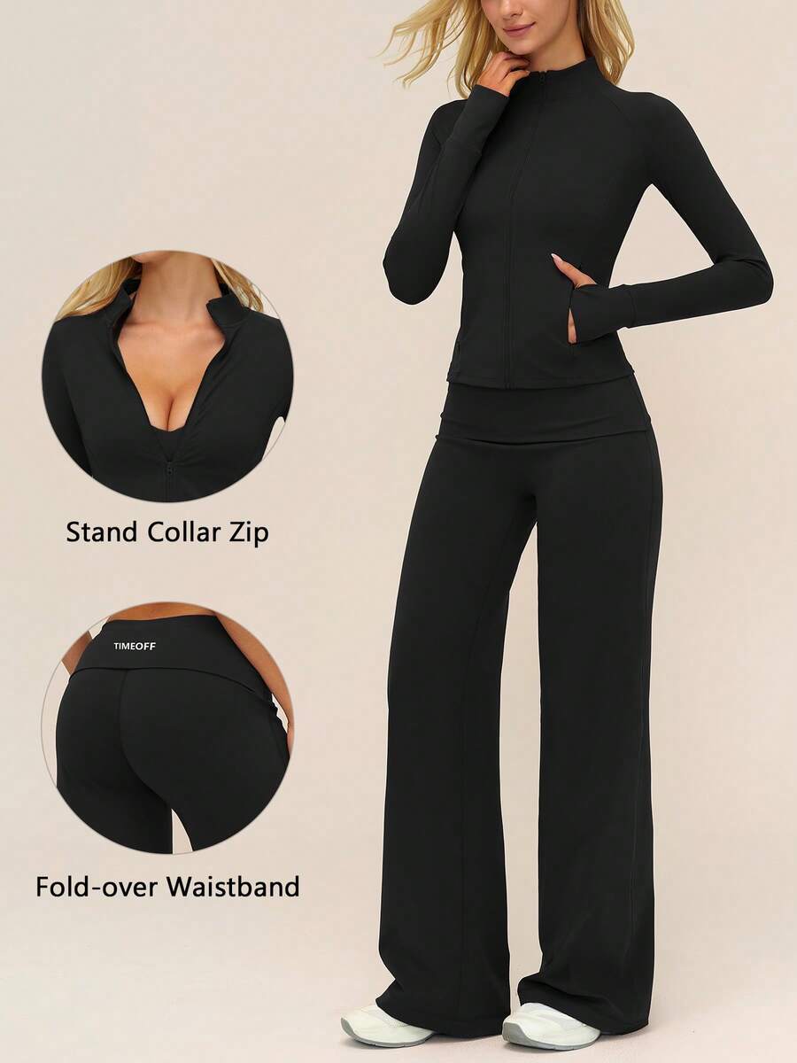 TimeOff Setelan Satu Set Wanita Musim Gugur/Dingin: Jaket Kerah Tegak Warna Polos dengan Resleting, Kantong Samping, Lubang Jempol, dan Kantong Dalam, Celana Panjang Lebar dengan Pinggang Lipat - Hitam - View 1