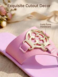 Pink Gold Metal Ornament Girls Flip-Flops Thong Sandals Soft Breathable Premium Faux Leather Summer Beach Shoes - Pink - View 4