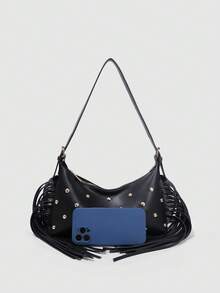 Dedoo 女款單肩包，龐克哥德 Y2K 風格，輕便可攜式機車包，鉚釘金屬鏈條肩帶，街頭演唱會風格，適合青少年女孩與大學生 - 黑色 - 查看 10