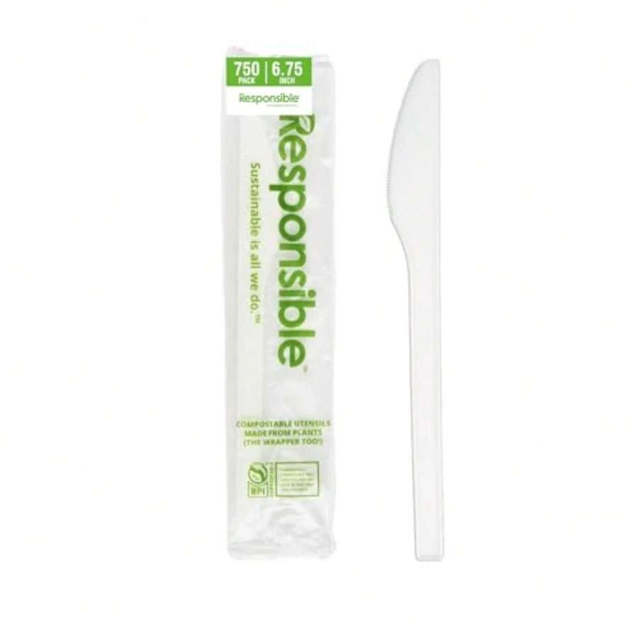 6.75" Knives Individual Wrap, Certified Compostable Utensil Cutlery Kits, Tree-Free, Made , White 750 Count - White - View 1