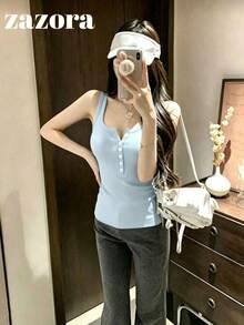 韓式性感U領鈕扣針織背心女上衣，休閒四季款 - 乳藍 - 查看 7
