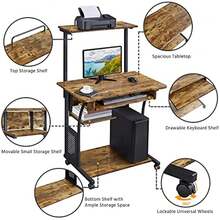 Small Rolling Computer Desk With Hutch And Shelves, Rustic Brown Particle Board And Metal, With Keyboard Tray, Hutch, And Shelf For A Monitor And Tower In Tight Spaces, Gliding On Casters. - Rustic Brown - View 6