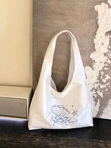 新款中式小眾設計 INS 風刺繡貝殼緞面帆布托特包 女款韓系大容量休閒百搭通勤逛街日常購物腋下單肩包 - 白色 - 查看 7