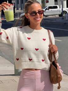Women's White Round Neck Heart Pattern Long Sleeve Knit Sweater, Loose Casual Pullover, Comfortable Autumn/Winter Daily Street Style - Apricot - View 9