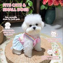 1pc Sweetheart Pet Camisole Dress, Suitable For Small And Medium Dogs And Cats, Lightweight Outfit With D-Ring For Leash Attachment; Featuring Plaid Patchwork Floral Pattern Skirt With Mini Straw Hat Decoration, Perfect For Park Walks, Photo Shoots And Daily Wear - Blue - View 6