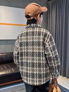 Boys' Fashion Retro Plaid Shacket, Loose Fit, Dropped Shoulder, Long Sleeve, Single-Breasted, Turn-Down Collar, Spring/Autumn - Black - View 2