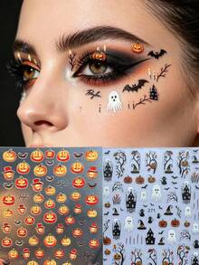 1/2pcs Halloween Theme Face Decoration Stickers, Pumpkin Ghost Bat Castle Pattern, Party Makeup Accessories, Waterproof Face Stickers, Holiday Ball Atmosphere Makeup Decoration Stickers - Multicolor - View 1