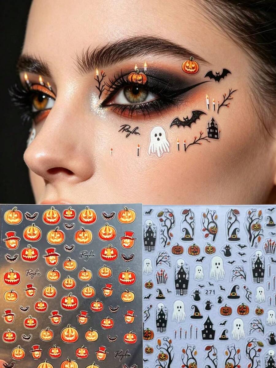 1/2pcs Halloween Theme Face Decoration Stickers, Pumpkin Ghost Bat Castle Pattern, Party Makeup Accessories, Waterproof Face Stickers, Holiday Ball Atmosphere Makeup Decoration Stickers - Multicolor - View 1