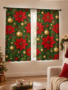 2pcs Christmas Holiday Theme Decorative Curtains, Christmas Poinsettia, Gold Christmas Ball Pattern, Suitable For Home Decor, Window Decoration, Christmas Holiday Home Atmosphere Decoration - Multicolor - View 2
