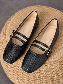 WHDXY Women's Fashion Mary Jane Shoes, Retro Woven Double Buckle Design, Square Toe Low Heel Slip-On Shoes, Versatile For Commuting, Daily Wear, Work, Dating - Graphite Black - View 8