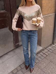 GLAMMY Autumn/Winter New Sexy Elegant Cute Y2K Gold Sequin Patchwork Shiny Women's Sweater - Apricot - View 3
