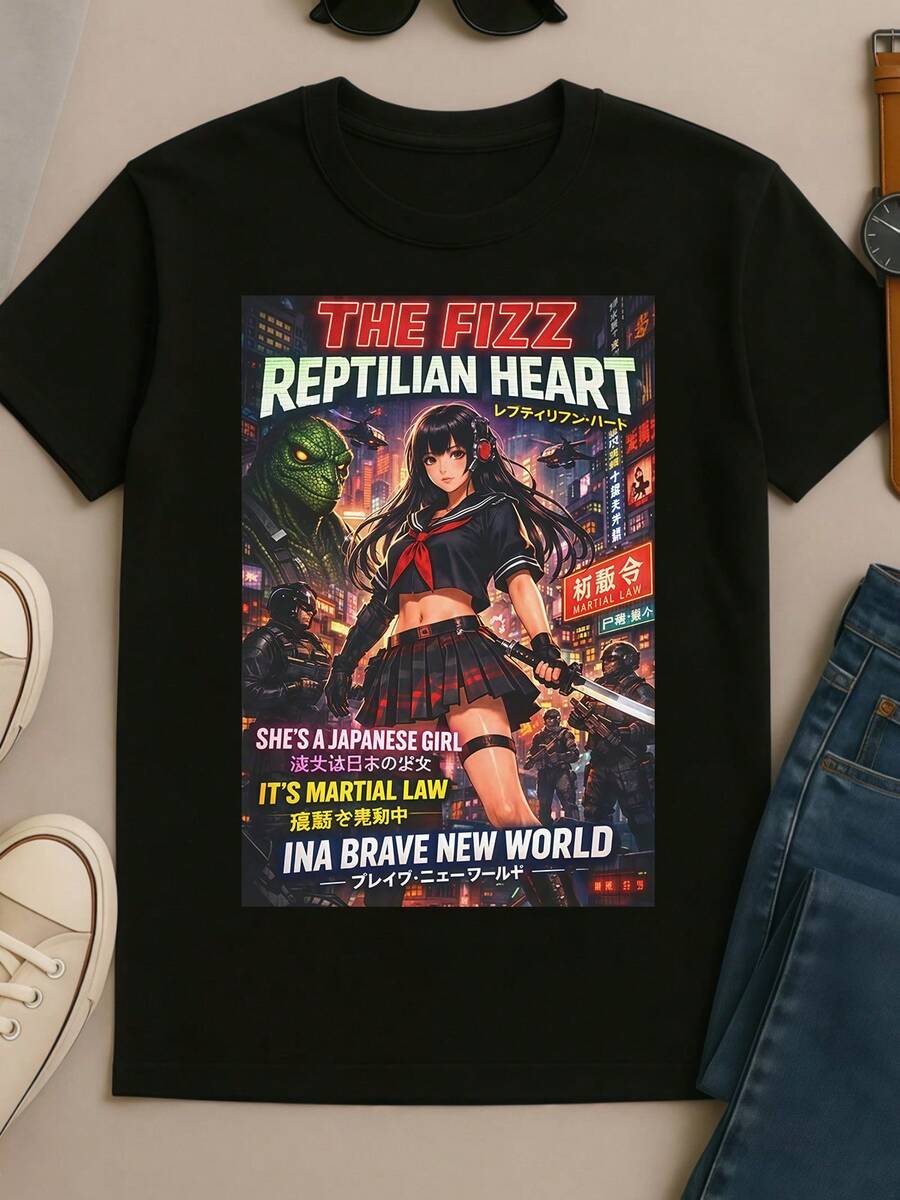 The_Fizz_Reptilian_Heart_Retro_Cyberpunk_Anime_Movie_Poster_Style_Graphic_Black_T‑Shirt - 黑色 - 查看 1