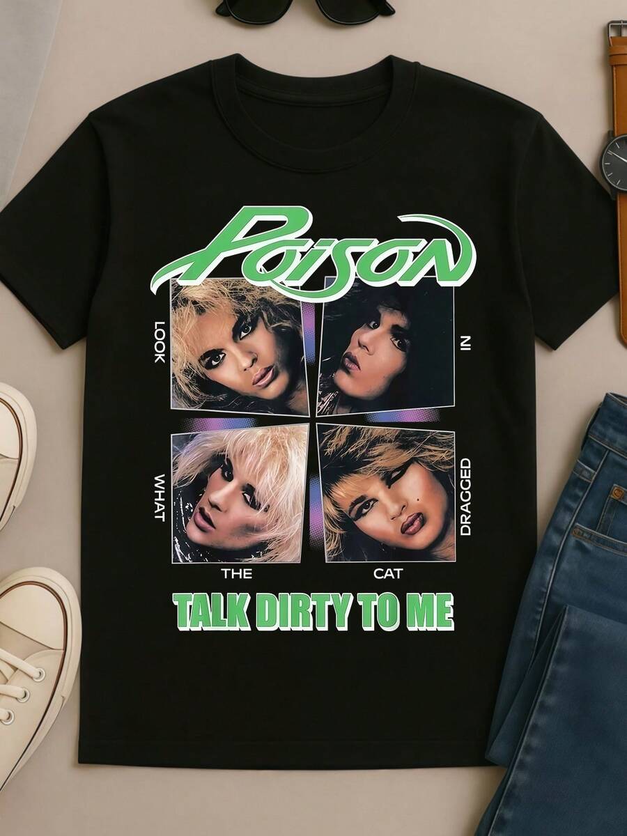 Poison_Band_Look_What_The_Cat_Dragged_In_Glam_Metal_Retro_Music_Fan_T‑Shirt - 黑色 - 查看 1