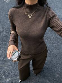 Averia Women's Minimalist Chic Brown Turtleneck Ribbed Slim-Fit Long Sleeve Basic Sweater, Elegant Minimalist Business Daily Outing Top, Fall Winter - Brown - View 6