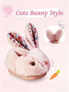 Children's Autumn/Winter Cartoon Rabbit Warm Plush Slippers, Soft Indoor Rabbit Slippers For Boys And Girls - Pink - View 3