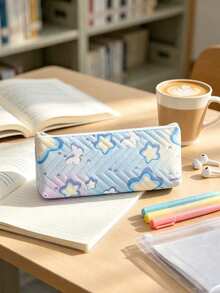 1pc Star & Butterfly Pattern Quilted Pencil Case, Zippered Stationery Storage Bag, Cute Student Pencil Pouch, Portable Cosmetic Organizer, Back To School Essential, Suitable For Girls And Teens Daily Storage, Perfect As A Gift - Little Star Butterfly Pencil Case - View 6