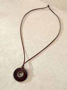 Nocturel 1pc Beaded Geometric Alloy Necklace, Vintage Sweater Chain For Women - Brown Hollow Round Card - View 3
